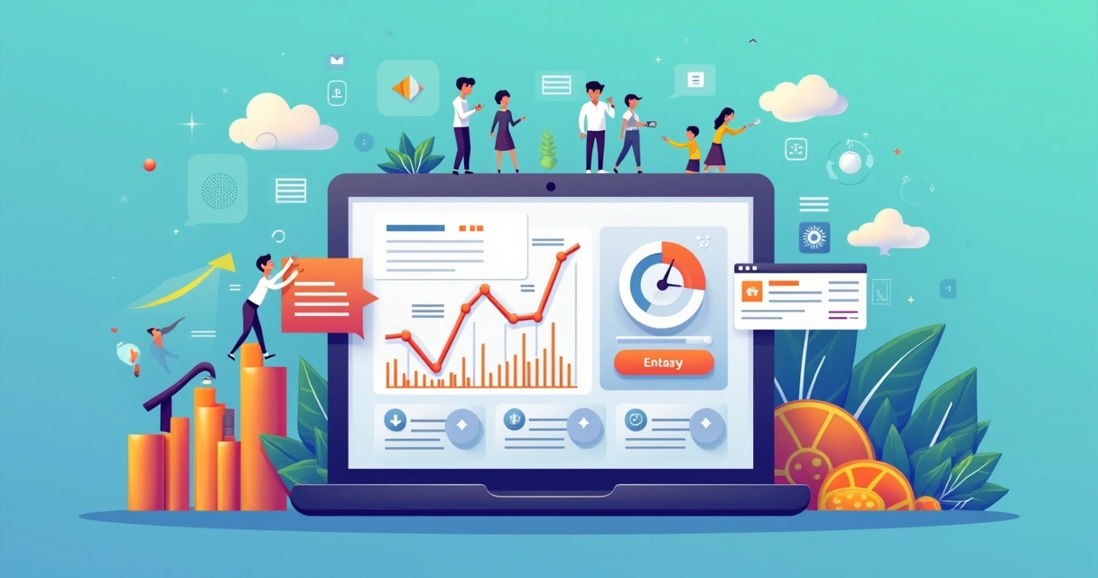 Ilustração colorida de uma landing page destacando formas de submissão, call-to-action e gráficos de conversão 