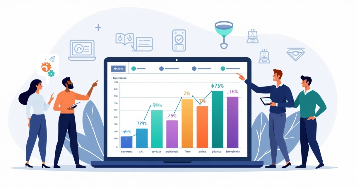 Ilustração de painel comparando taxas de conversão por setor em gráficos 