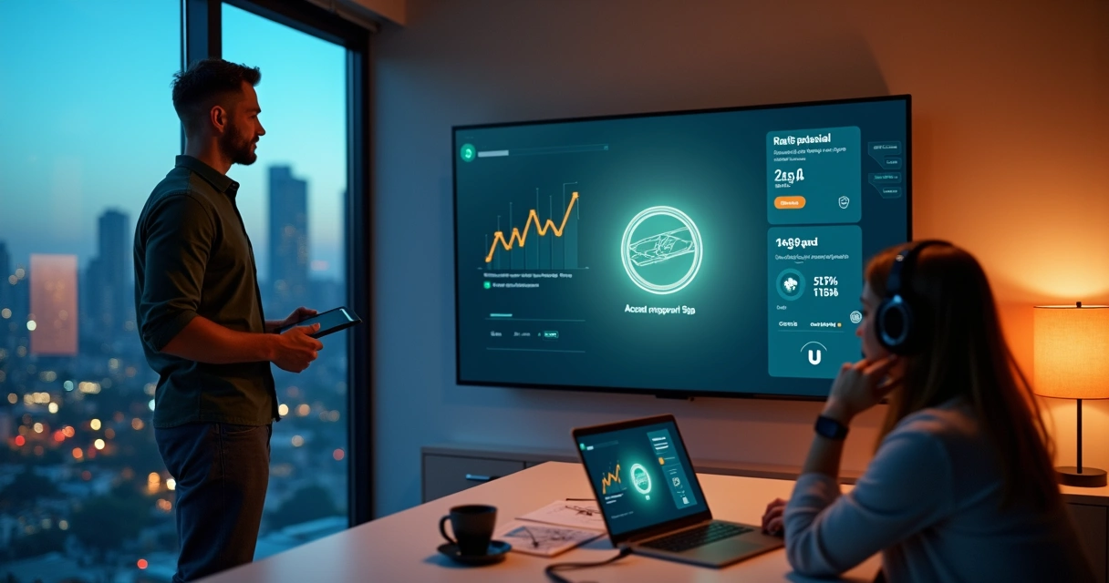 Gestor de agência observando cliente prestes a assinar proposta digital em tela gigante 