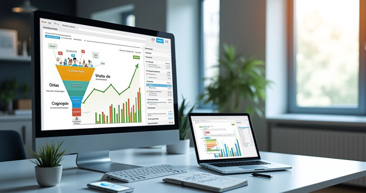 Tela de computador com funil digital e taxa de conversão crescendo em gráfico 
