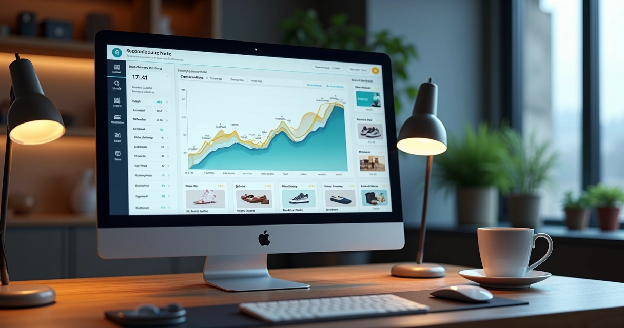 Tela de computador mostrando gráfico de vendas e taxa de conversão com produtos online organizados para e-commerce 