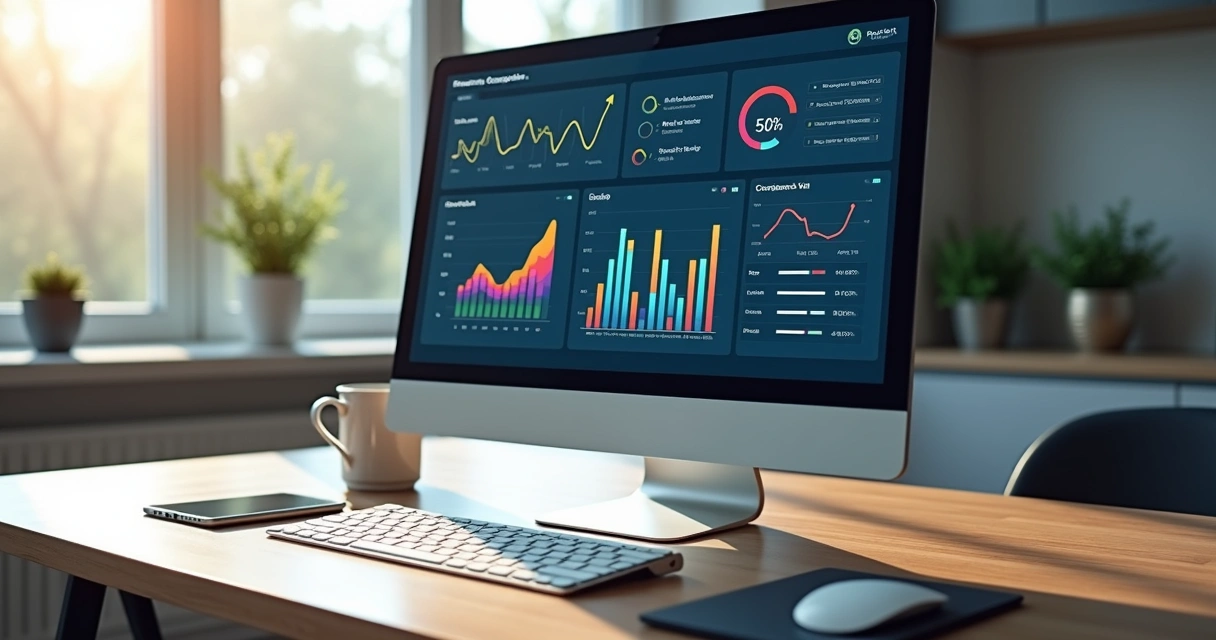Dashboard digital exibindo gráficos de transações financeiras e alertas de chargeback em um escritório moderno 