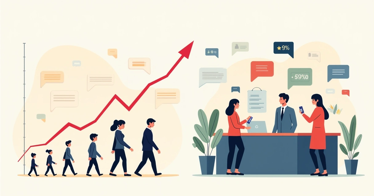 Representação visual da taxa de churn, com gráfico de queda e clientes insatisfeitos de um lado, e clientes felizes do outro.