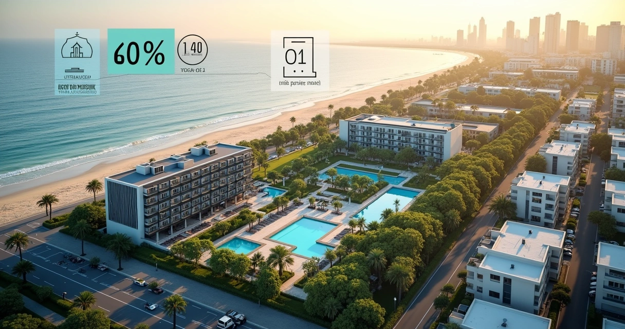 Vista aérea de hotel com gráfico transparente mostrando taxa de ocupação e áreas do terreno 