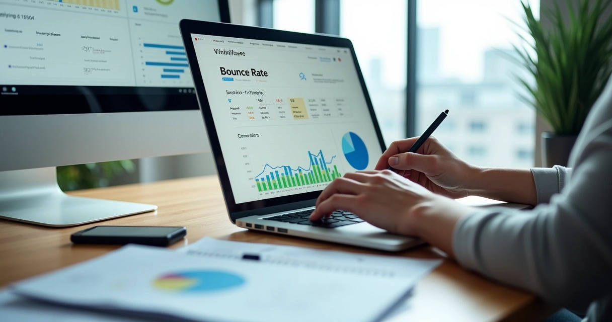 Analista observa gráfico de bounce rate em dashboard de métricas no notebook 