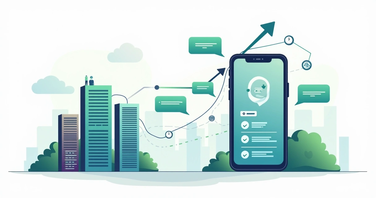 Ilustração de funil de mensagens B2B no WhatsApp com ícones de resposta rápida e interação 