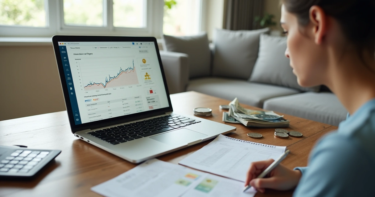 Pessoa analisando gráficos de juros e investimentos em mesa com calculadora e notebook 