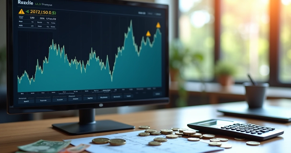 Gráfico financeiro mostrando variação da taxa Selic com moedas e documentos ao fundo 