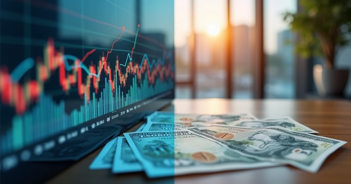 Ilustração realista comparando gráficos financeiros da Taxa Selic e do Tesouro Selic em tela dividida 