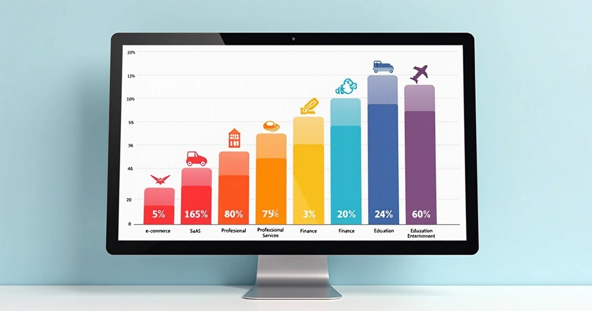 Gráfico colorido mostrando diferentes taxas de conversão de landing pages por setor, com destaque para entretenimento, educação e finanças 