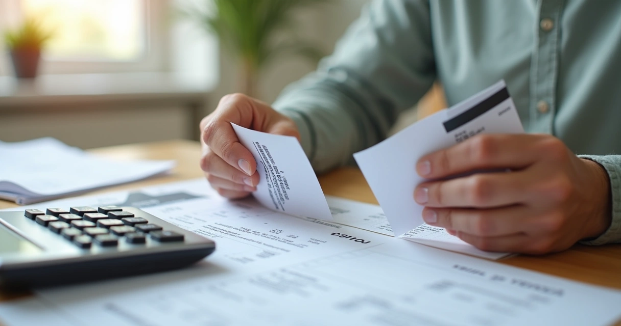 Mãos segurando boletos e cartões de crédito para pagamento de taxas do CRECI