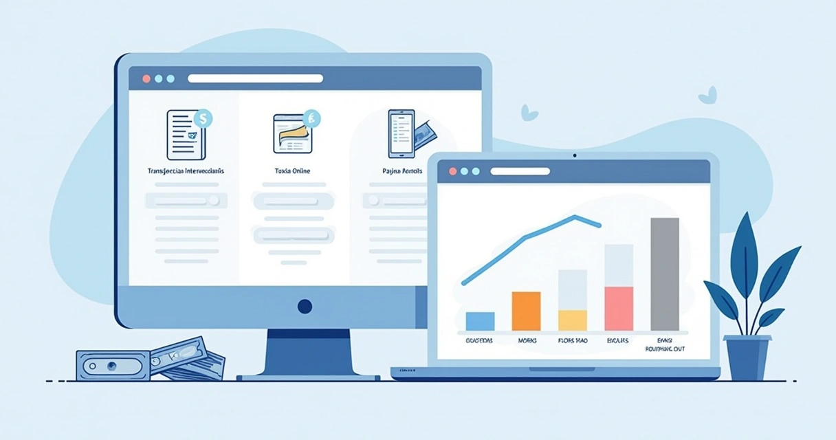 Ilustração de uma tela de computador mostrando taxas do PayPal e gráficos relacionados a tarifas de transações.