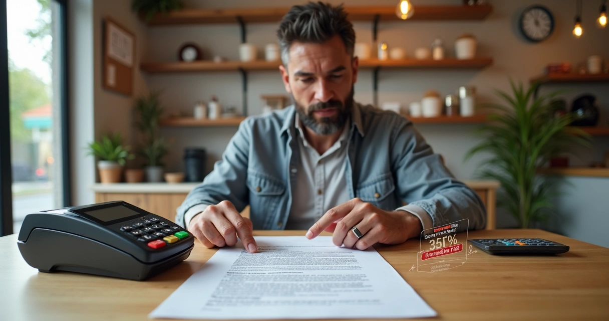 Pequeno empresário analisando contrato com maquininha e ícones de taxas escondidas 
