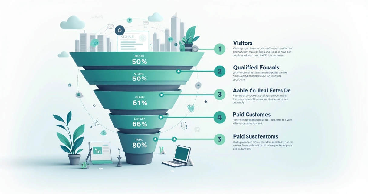 Fluxo visual do funil de vendas SaaS B2B com destaques nas taxas de conversão por etapa 