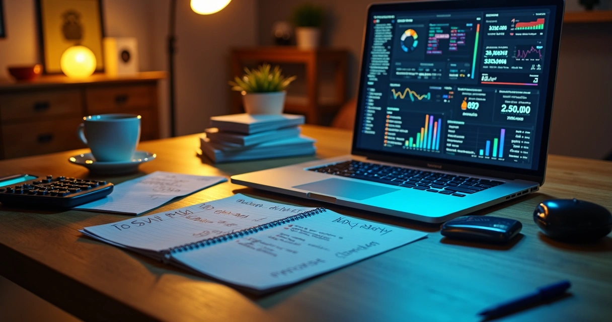 Mesa com notas fiscais, calculadora e tela exibindo taxas digitais 