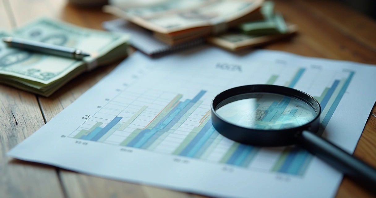 Cédulas de dinheiro, gráficos de finanças e uma lupa em destaque 