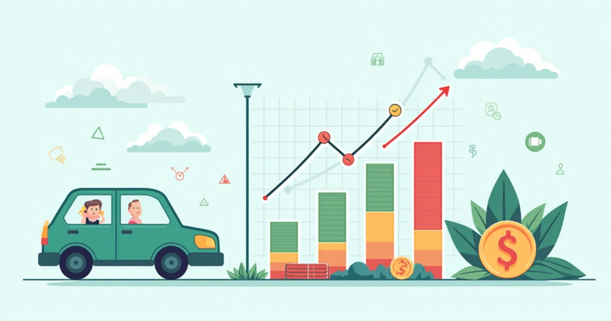 Infográfico colorido sobre taxas de juros de financiamento de veículos, com gráficos e um carro ao lado.