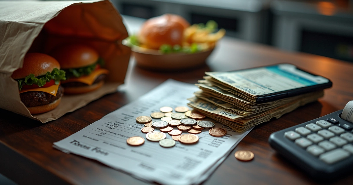 Notas de dinheiro se desfazendo em moedas pequenas sobre bancada com comida de delivery 
