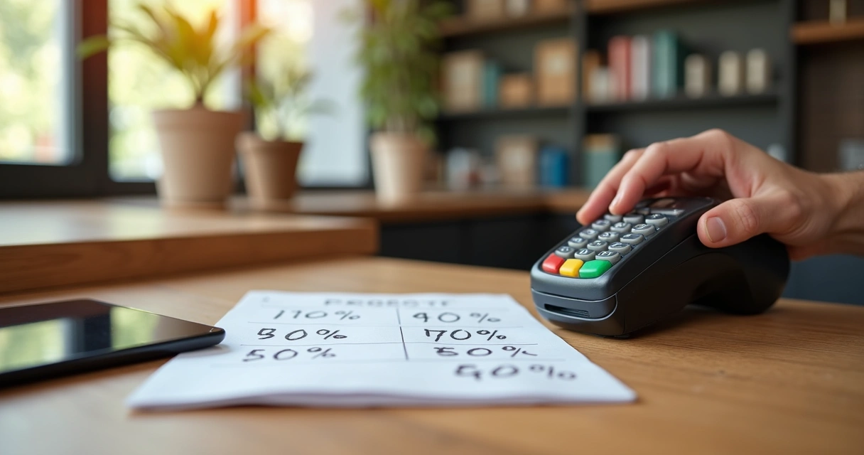 Pessoa segura maquininha de cartão em um balcão de loja, analisando taxas com laptop aberto próximo 