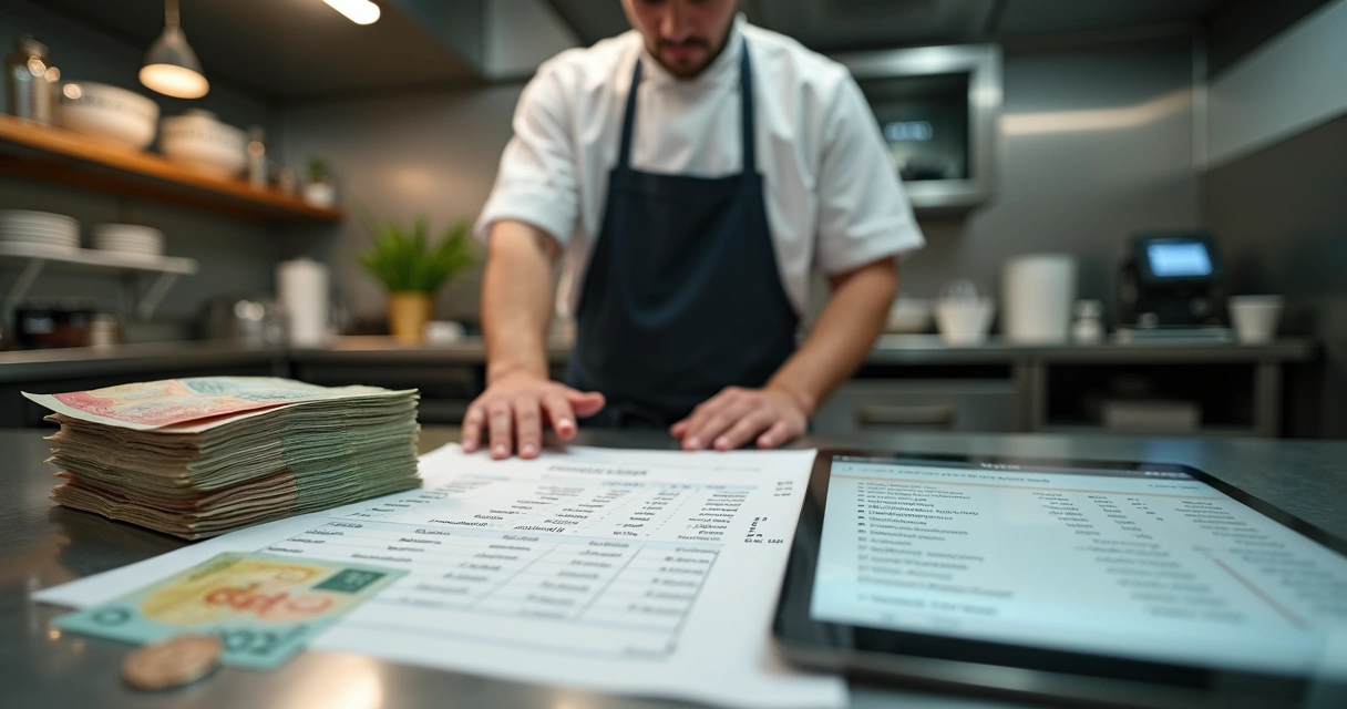 Chef organizando dinheiro e relatórios financeiros em bancada de cozinha profissional 