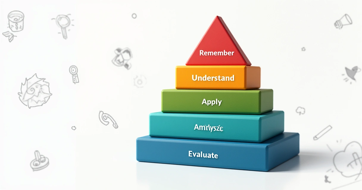 Esquema dos seis níveis da taxonomia de Bloom em blocos coloridos 