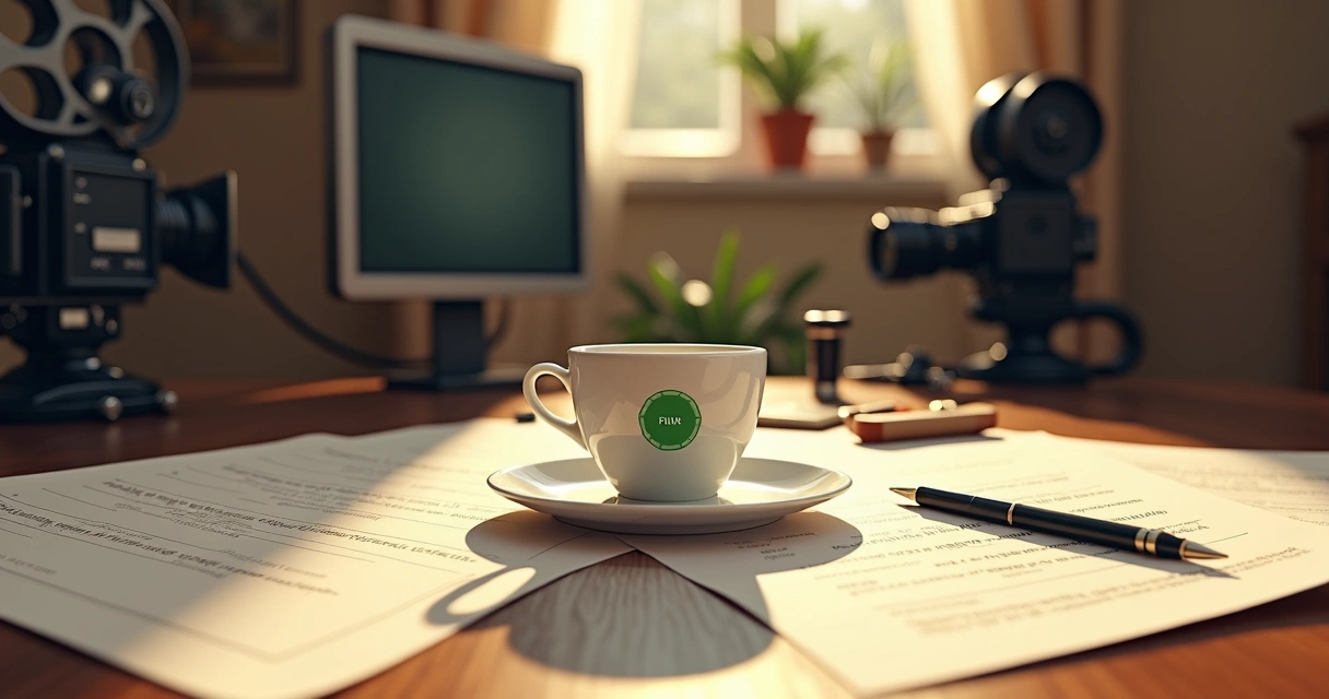 Taza blanca de café en una mesa rodeada de guiones de cine 