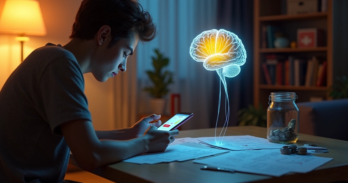 Pessoa com TDAH dividida entre app de compras no celular e contas sobre a mesa 