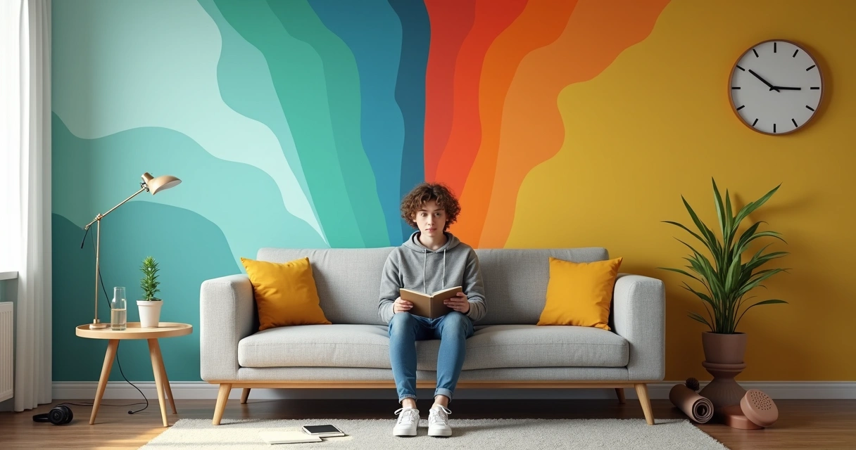Adulto com TDAH sentado em sofá colorido diante de parede dividida entre cores frias e quentes simbolizando oscilações de humor 