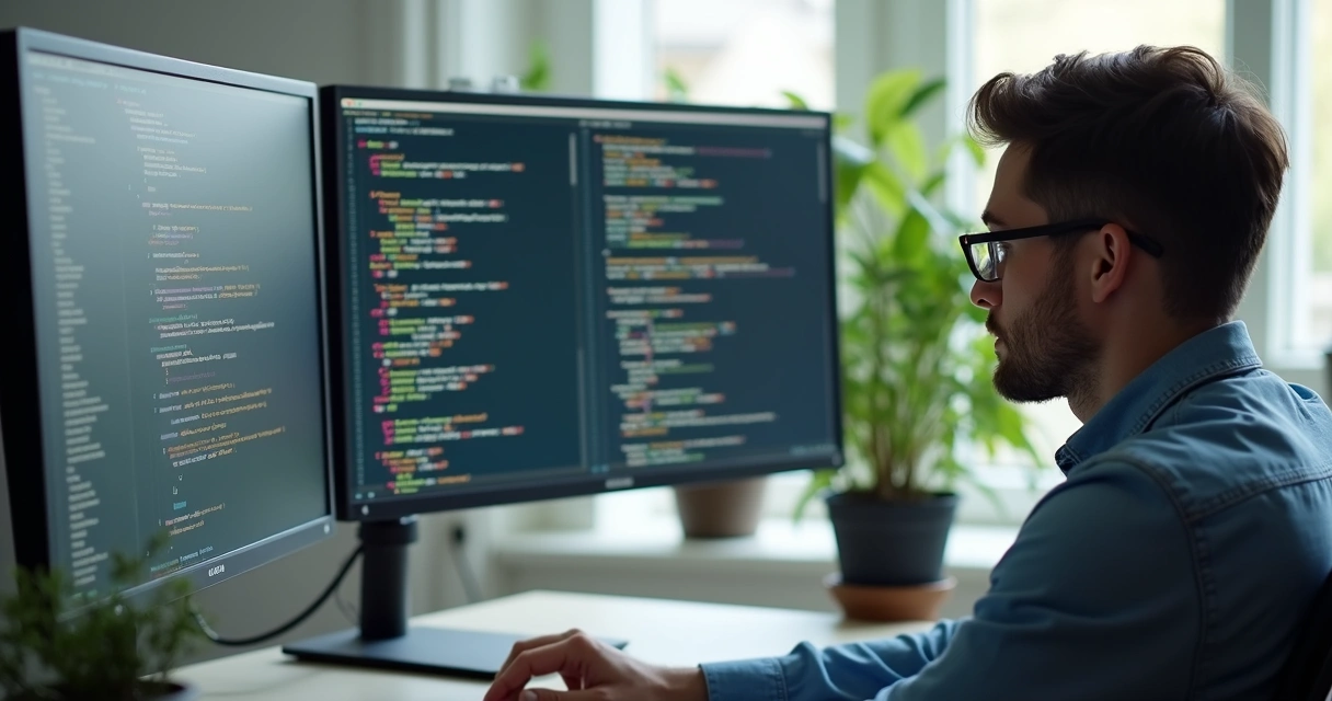 Desenvolvedor escrevendo testes automatizados em ambiente de trabalho organizado