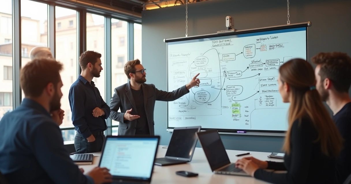 Time de desenvolvimento discutindo TDD em quadro branco com fluxos de testes
