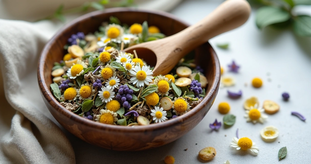 Herbal tea blend with dried flowers and leaves 