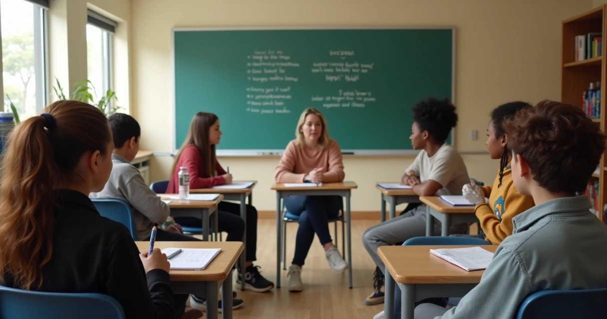 Teacher leading a calm classroom discussion in a circle 