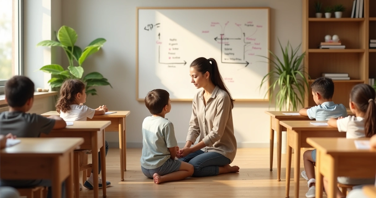 Teacher guiding a student through calm breathwork in a sunlit classroom 