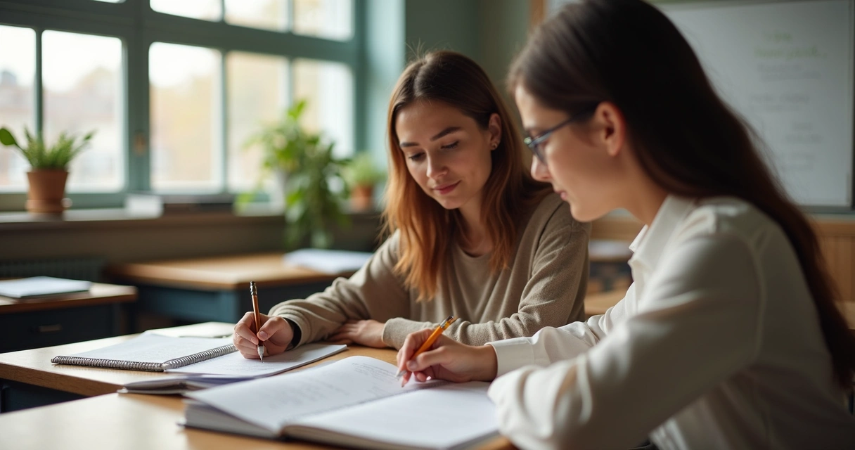 Teacher giving feedback to a student over notes 