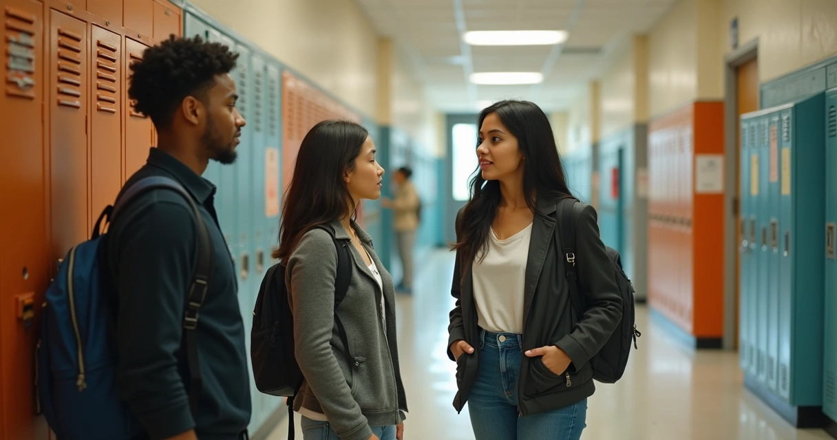 Teacher speaking calmly with two students after conflict