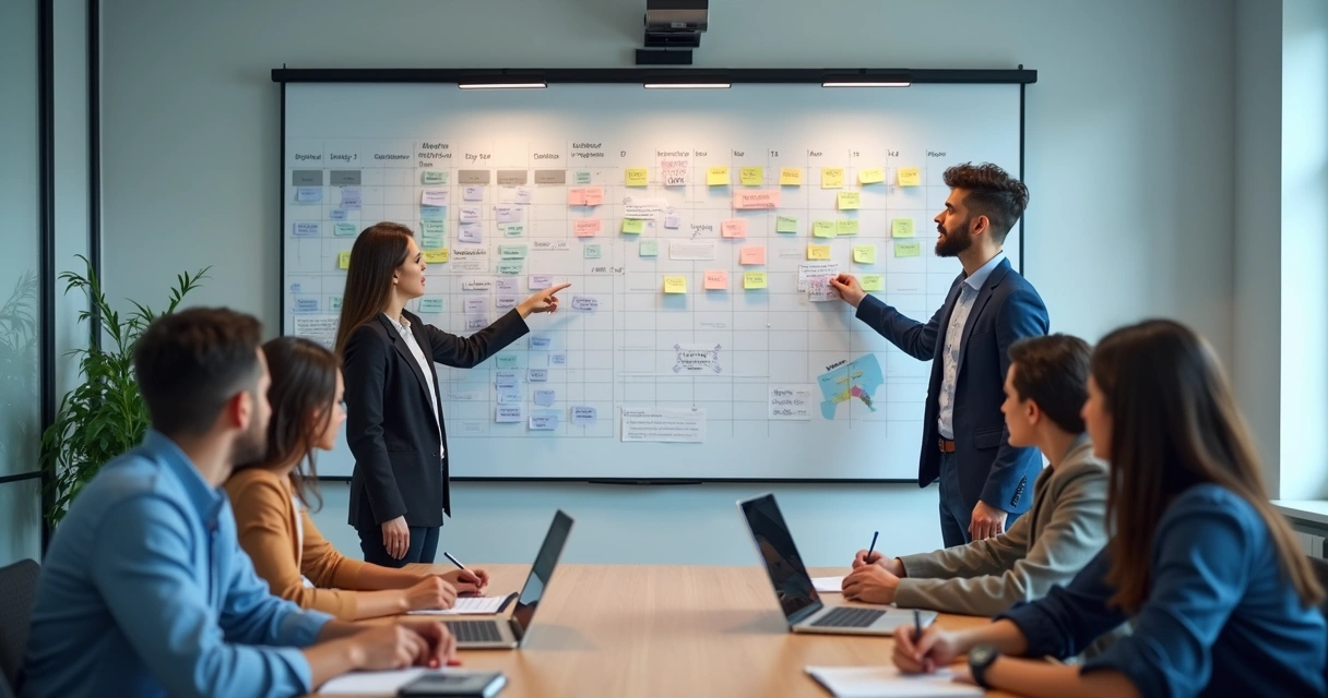 Team reviewing an accountability board in a meeting room