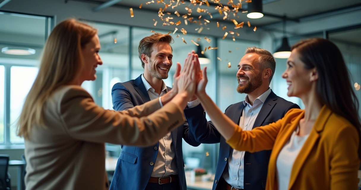 Team celebrating achievement in modern office