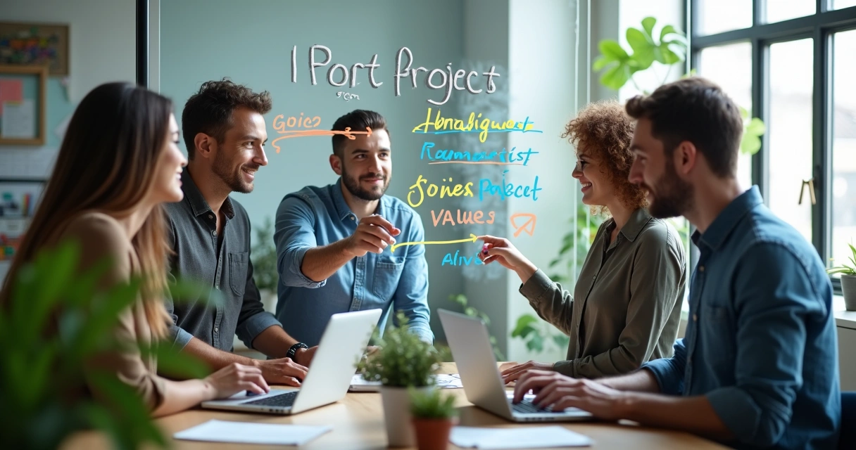 Diverse team collaborating with visible project milestones and goals