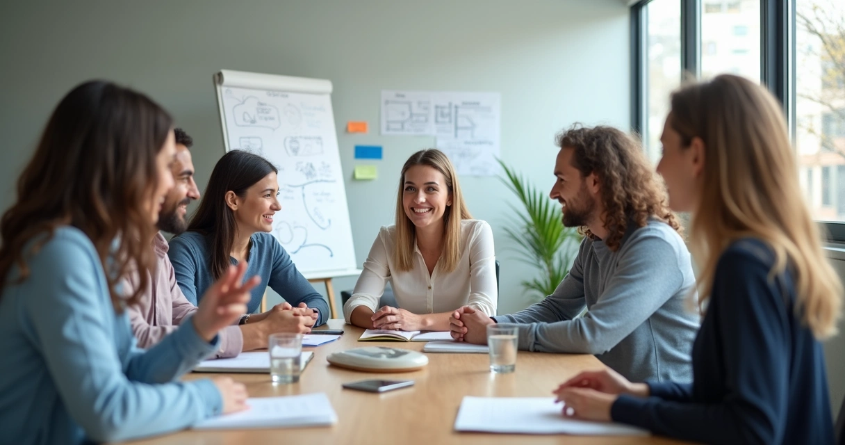 Team in meeting practicing attentive active listening around a table 