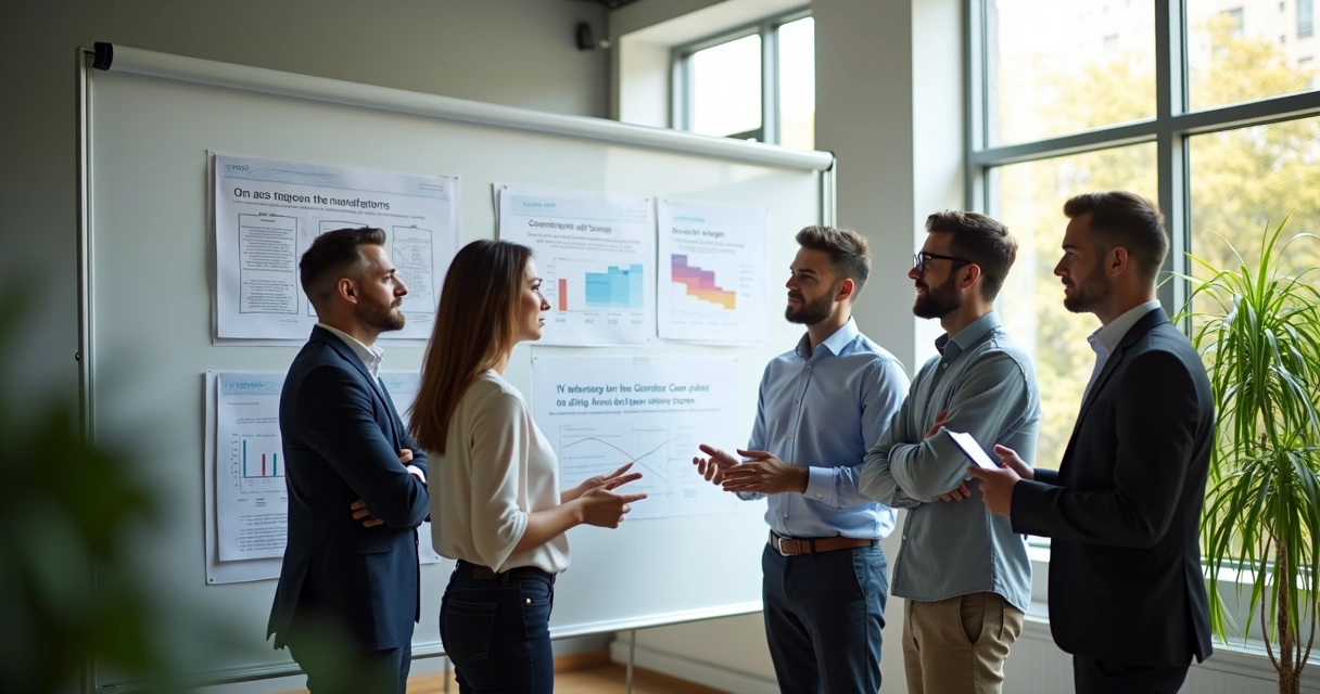 Team adapting to change in a modern office, discussing charts and philosophical quotes on whiteboards 