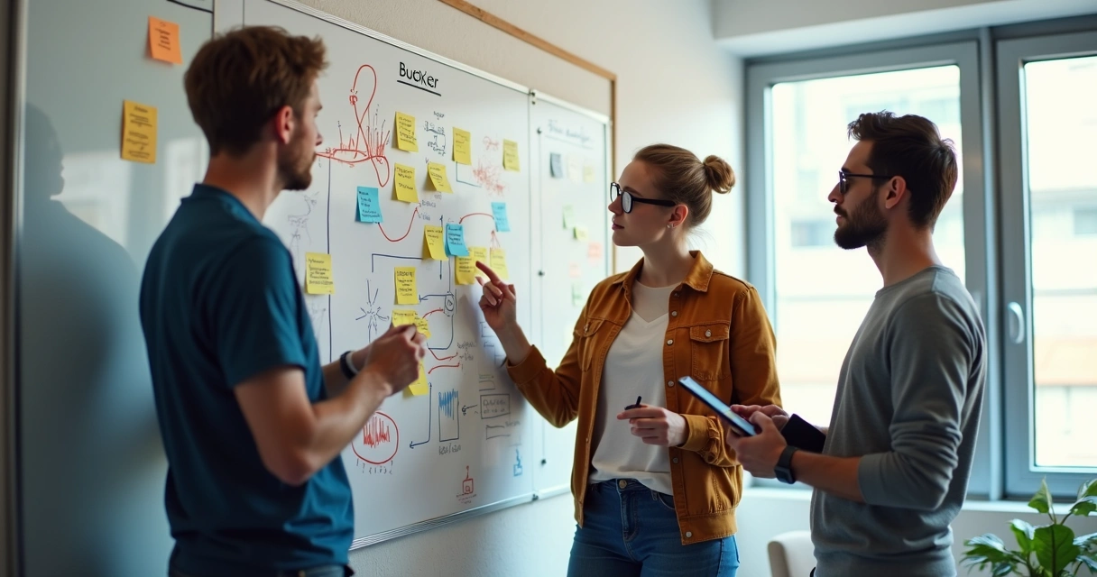 Small team reviewing a board with interconnected feedback signals