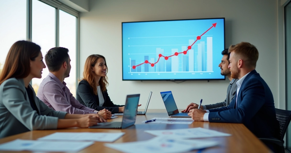 Business team discussing AI chatbot impact in meeting room