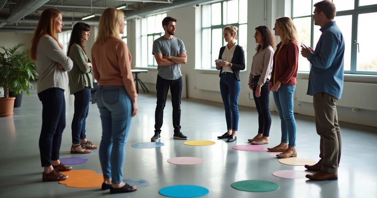 Team members standing in a circle, aligned in a constellation exercise 