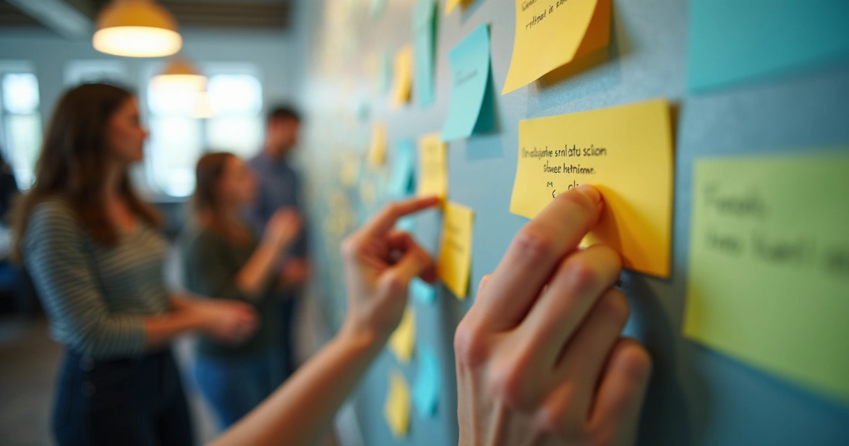 Hands placing appreciation notes on a shared board