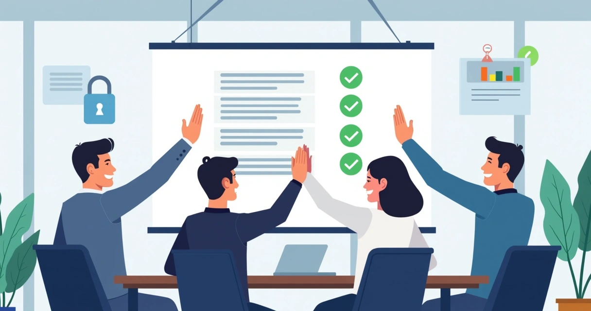 Business team celebrating audit success with a unified document security system 