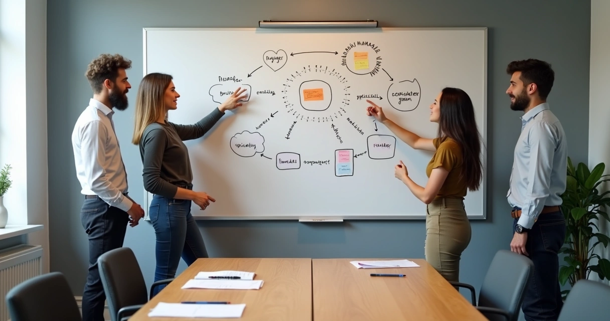 Whiteboard with team authority map and sticky notes 