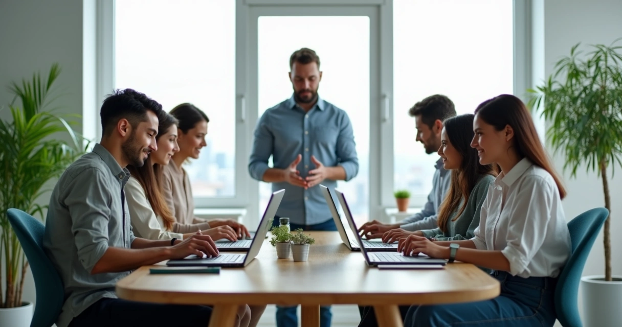 Diverse team in modern office balancing independent work and group connection 