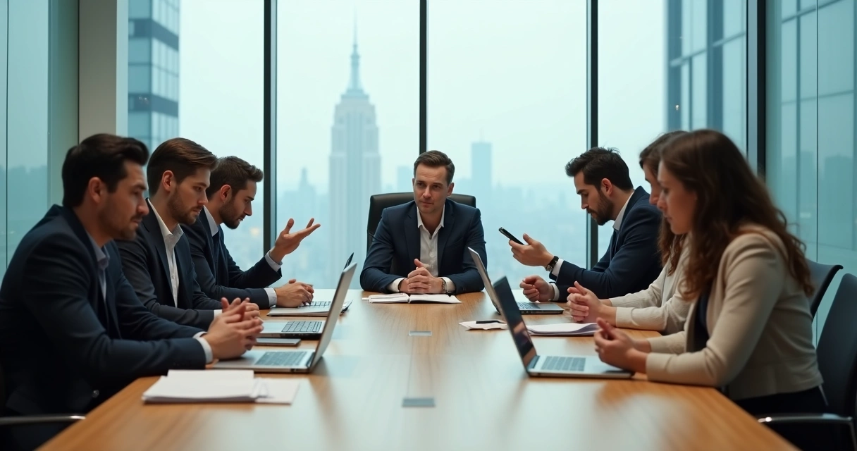 Office team around table avoiding eye contact and responsibility 