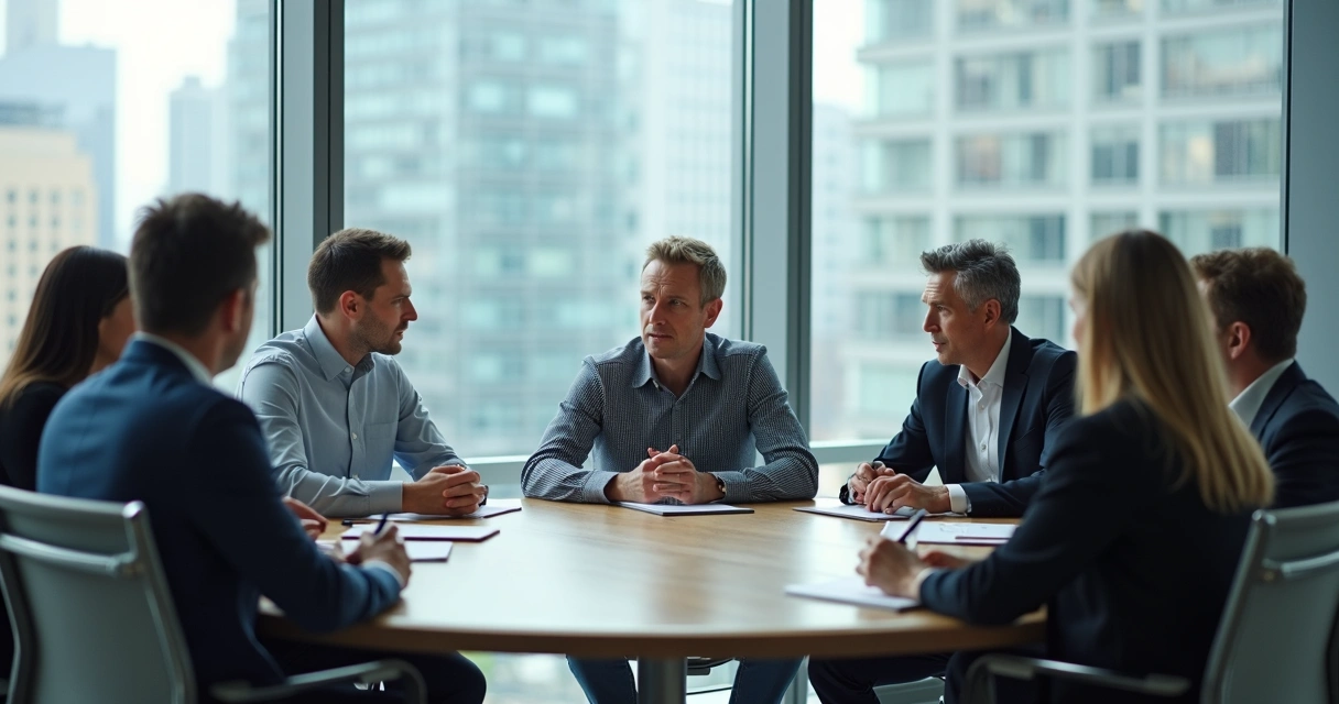 Team members in open discussion sharing ideas around a round table 