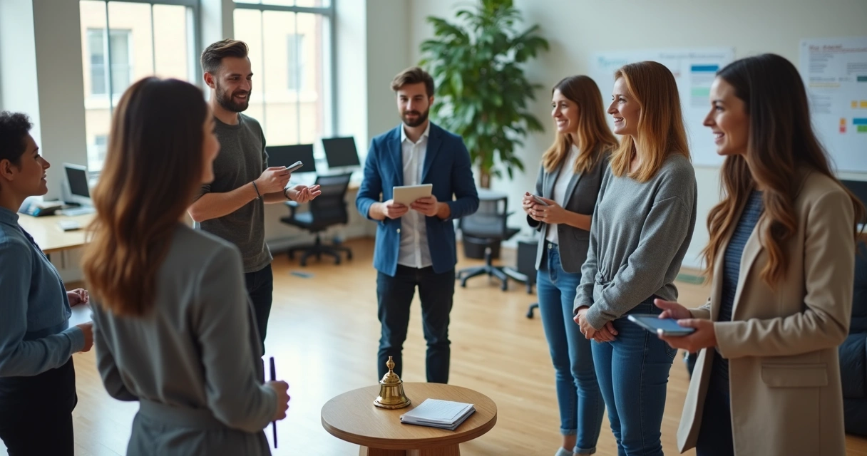 Team in modern office standing in a circle for a brief reflective meeting 